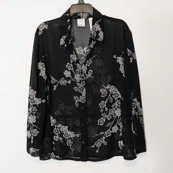 EMMA JAMES by Liz Claiborne, Black Floral Sheer Chiffon Button Blouse; Size 8 - Picture 1 of 5